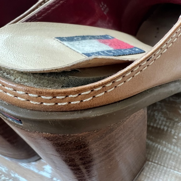 Tommy Hilfiger Brown Leather Mule Shoes with Chunky Wood Heel Slip On - Picture 6 of 6
